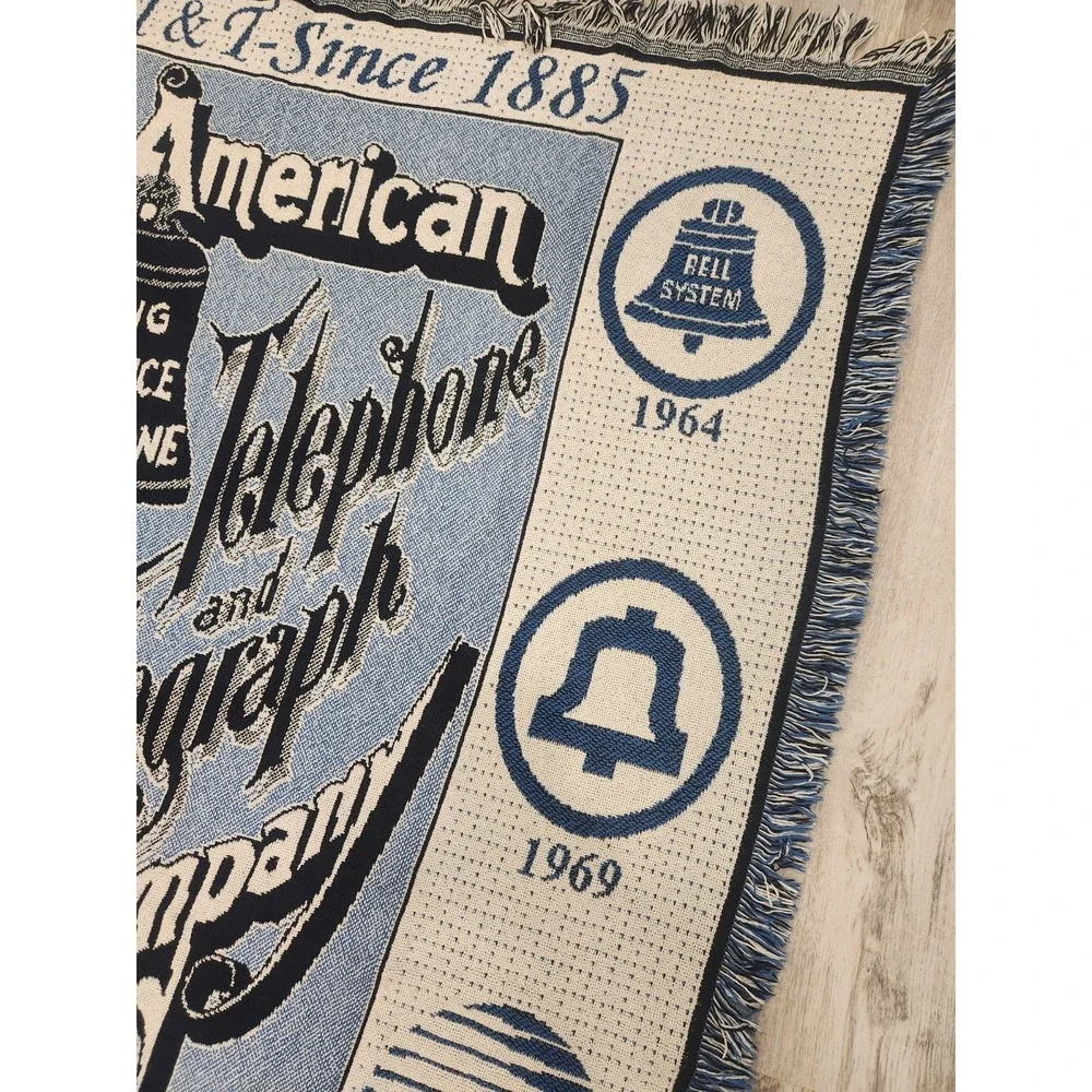 Vintage Tapestry Throw Blanket AT&T Telephone Phone Timeline Blue Cream 70x47" - Picture 8 of 8